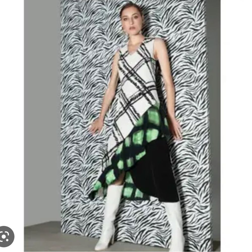 Black white green ruffle lined dress